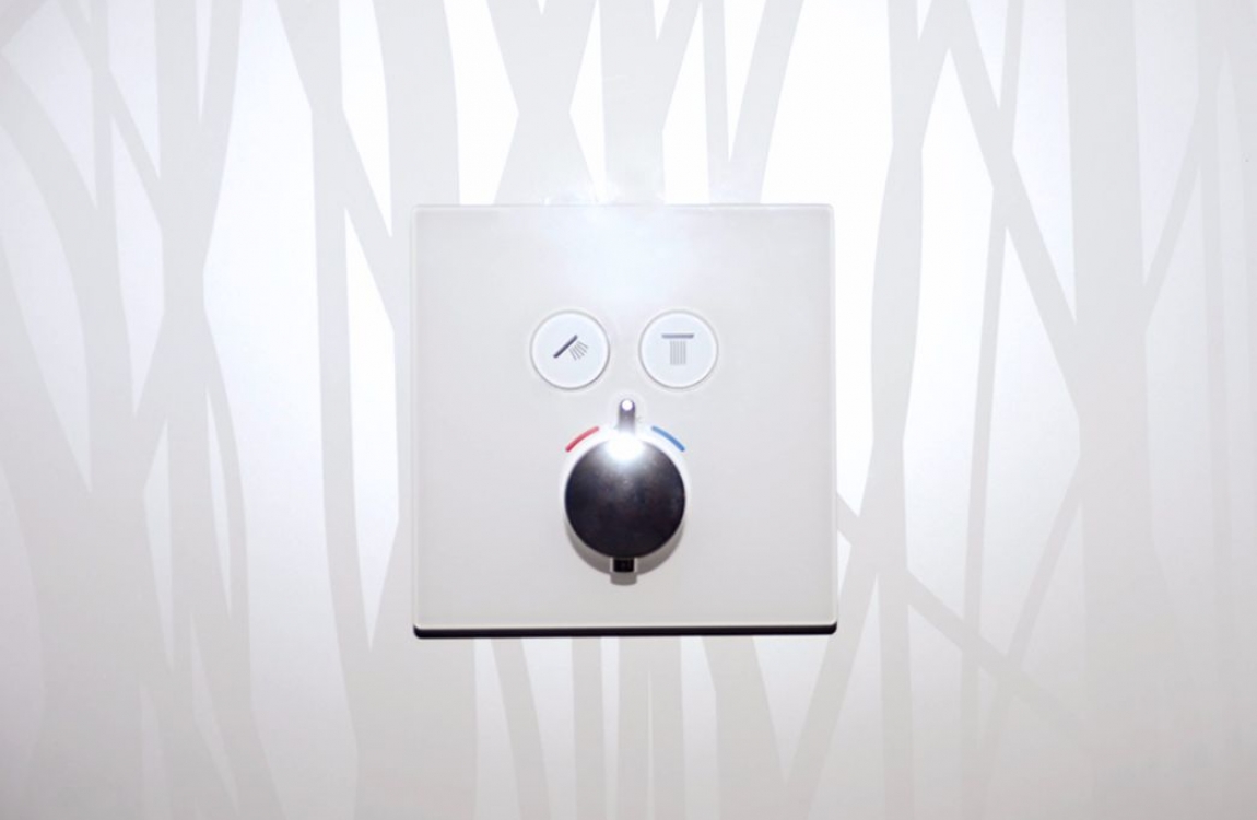 Rückwand mit Dekor Grasflüstern und eingebautem Unterputzthermostat